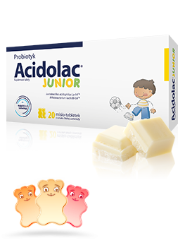 Probiotyk<br>Acidolac<sup>®</sup> Junior - 20 misio-tabletek <br>o smaku białej czekolady<br>